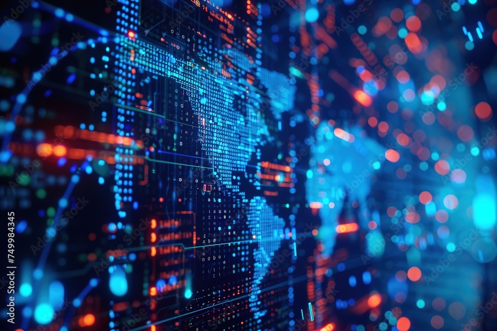 blue map background blending technology on holographic screen modern ...