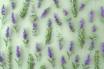 Wall Mural - Beautiful lavender flowers on a vibrant green background, top view flat lay concept for design and decoration