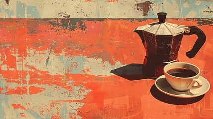 A vintage propaganda poster illustration of a classic coffee maker and a cup of coffee