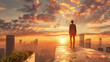 © Alice a. - A businessman standing on top of building on cityscape background with sunset.