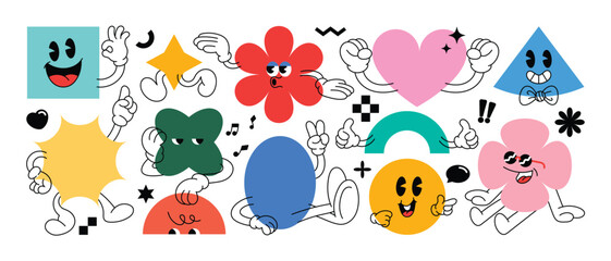 Poster -  Set of Geometric shape characters, doodle hands, legs talk bubble texts, in basic style with elements on white background. Vector illustration for branding, packaging, prints and social media posts.