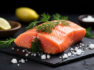 Close up of a raw salmon fillet on a dark slate background, garnished with salt, pepper, lemon