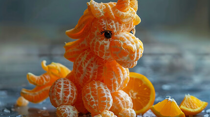 an orange has been into the shape of a Unicorn, in the style of elaborate fruit arrangements