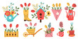 Set of spring hand drawn elements. Floral decor. Flowers, branches, bouquets, watering can, teapot, birdhouse.