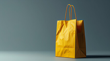 Wall Mural - Yellow Folded paper bag with handle isolated on white background. Paper bag. Kraft paper shopping bag. Yellow folded paper bag with handle. Empty grocery paper bag. Recycled carton package.