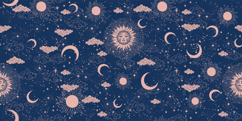 Wall Mural - Sun with face, clouds and stars, seamless celestial pattern for fabric, mystical astrology background, horoscope vector ornament. Zodiac banner for text.