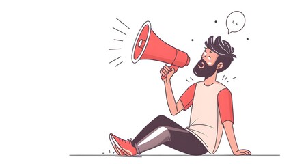 Wall Mural - Do not forget something important loudspeaker banner to remind it a community. Flat line vector illustration of cute man sitting alone and shouting with red megaphone. Announcement or alert on white