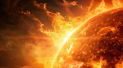 close up of burning sun with fire flames reaching into space