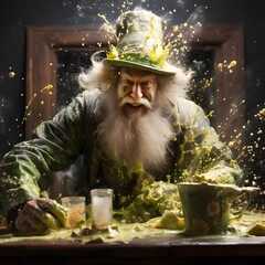 whimsical essence of St. Patrick's Day with a mischievous leprechaun surrounded by light green and white splotches and splashes