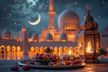 Wall Mural - Ramadan kareem Iftar meal with dates