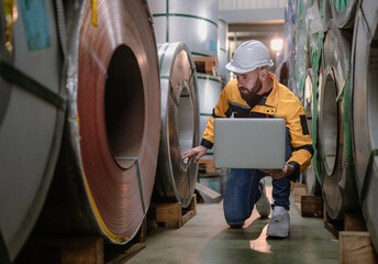 Wall Mural - Industrial engineer in safety helmet uniform jacket working in heavy steel engineering factory. Technician manager worker inspector using laptop in metalwork product manufacturing facility workplace