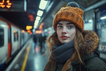 A Stylized Portrait Of A Young Woman At A Subway Station, Donning An Orange Beanie And Winter Coat