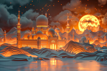 Wall Mural - Beautiful, glowing arabian city with a large, orange moon in the sky