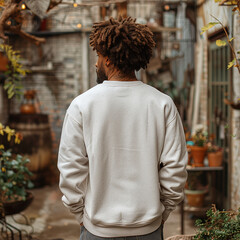 Wall Mural - the back of a man wearing a white hoodie, back view of a man walking down a narrow alleyway