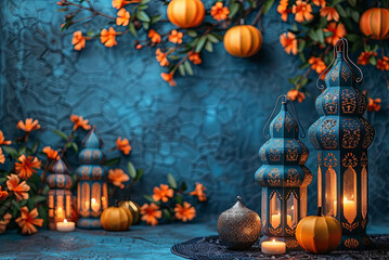 Wall Mural - Blue background with orange flowers and lanterns with copy space