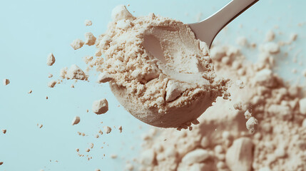 Wall Mural - Close-up of a scoop delicately releasing protein powder in slow motion, set against a bright white backdrop