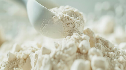 Wall Mural - Close-up of a scoop delicately releasing protein powder in slow motion, set against a bright white backdrop