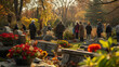 Cemetery Farewell Gathering, Capture the solemnity of a funeral gathering held in an outdoor cemetery setting