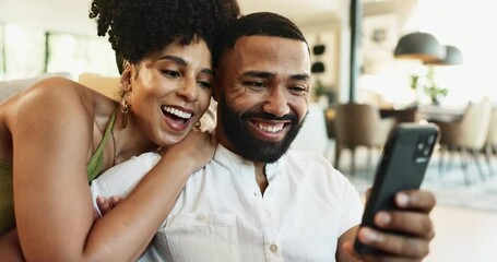 Poster - Hug, laughing or happy couple on a phone for social media or streaming subscription on couch in home. Love, mobile notification or funny people with smile, news or meme on internet to search to relax