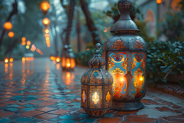 Wall Mural - Lanterns stand in the garden of an Arab house to light up the Ramadan holiday