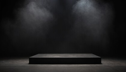 Black square podium with smoke effect for product presentation. Minimal stage in loft, modern style with a pedestal layout. Conceptual exhibition or award ceremony