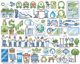 Fototapeta Panele - Corporate sustainability or ESG green business practices outline collection set. Elements with ecological and responsible company vector illustration. Diverse people, forestation and recycling items.