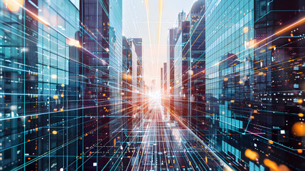 Aufkleber - Futuristic cityscape with digital network overlay
