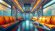The empty interior of an german underground train, in the style of light navy and yellow, bold color choices, environmental awareness, light orange and yellow, sleek metallic finish.