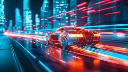 Poster - Futuristic car speeding in neon cityscape