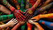 Many individuals showing unity and diversity by presenting their hands painted in various vibrant colors