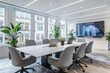 The conference room interior of a modern office with white walls and a monitor. AI Generated