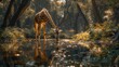 Giraffe drinking from river in natural landscape with trees, grass, and wildlife