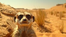 Fawn Meerkat In Desert Shrubland, Gazing At Camera On Aeolian Landform