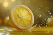 Close-up of lemon slices falling into splashing water. yellow-green background. AI Generated