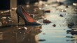 Close up of a woman's red high heels walking on trash plastic bottles floating in water flooding a city street. 