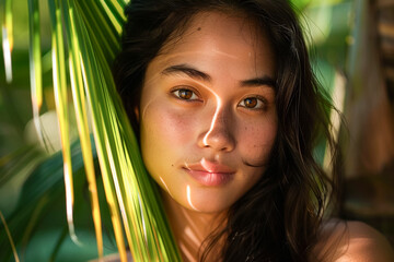 Hawaiian girl portrait, bright smile, island elegance,