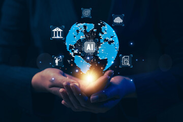 Fototapete -  AI. Artificial intelligence. The concept of accessing imagination by feeding commands to Ai to create what is in our mind with futuristic technology through the Internet..