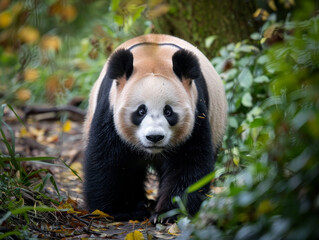 Wall Mural - A solitary giant panda walks through a lush forest, leaves crunching underfoot.