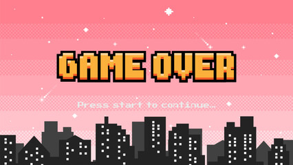 Wall Mural - Game Over with starry sky on city background. Pixel art 8-bit retro video style with press start.	