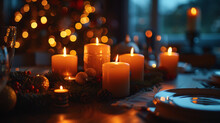 The Shimmering Glow Of Candles On A Beautifully Set Dinner Table, Creating An Intimate Christmas Ambiance.