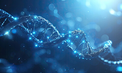 dna. abstract 3d polygonal wireframe dna molecule helix spiral on blue. medical science, genetic bio