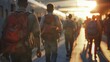 Sunset Commute, Backlit figures of commuters walking in a busy terminal at sunset, creating an atmosphere of daily urban life and travel