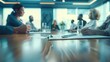 Corporate Team Meeting in Modern Office, unfocused shot of professionals engaged in a strategic meeting within a sleek, contemporary office setting, highlighting teamwork and collaboration