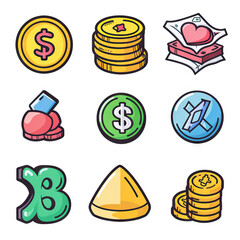 Currency Icon - Icons representing in-game currency or resources used for purchasing items or upgrades. Vector Icon Illustration. Icon Concept Isolated Premium Vector. 