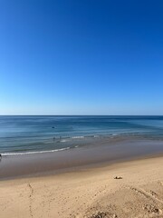 Wall Mural - Sandy ocean beach, shoreline, clear blue sky, blue seascape horizon 