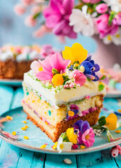 Wall Mural - piece of cake decorated with flowers. Selective focus.