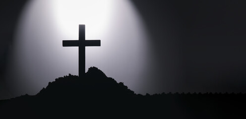 Poster - Jesus Christ cross religion symbol. Church Cross on a hill top in Silhouette. Black and white cross symbol for christian, resurrection and Jesus Christ.