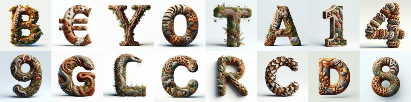 Animal lettering 3D. AI generated illustration