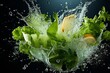 Fresh healthy organic green vegetable with falling ice water drop splash on white background