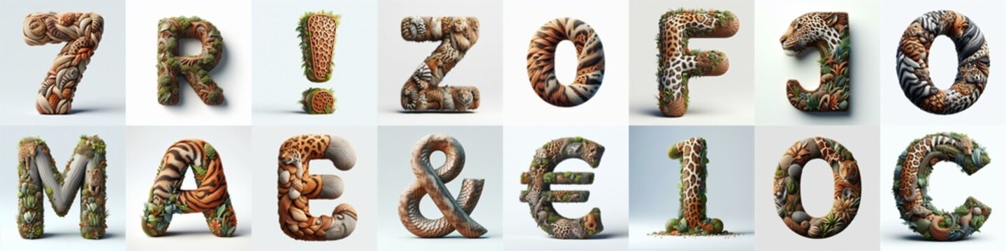 Animal lettering 3D. AI generated illustration